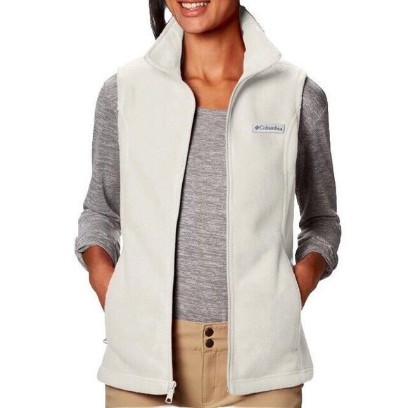 Columbia Fleece Full Zip Vest With Zipper Side Pockets Cream Color Size Medium - Picture 1 of 8